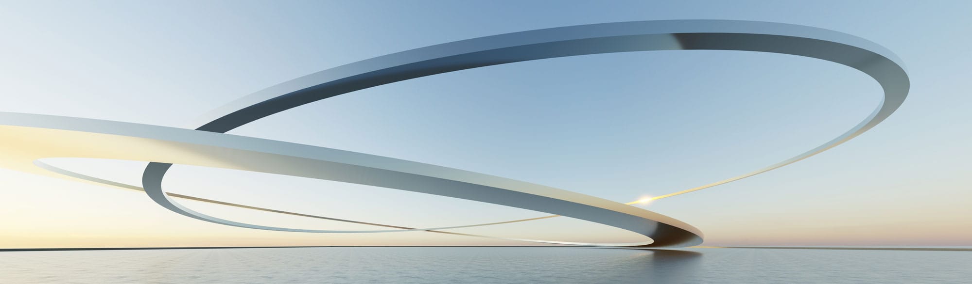 An abstract, minimalist 3D rendering of large, curved white architectural ribbons looping over a calm body of water under a clear gradient sky at sunrise.