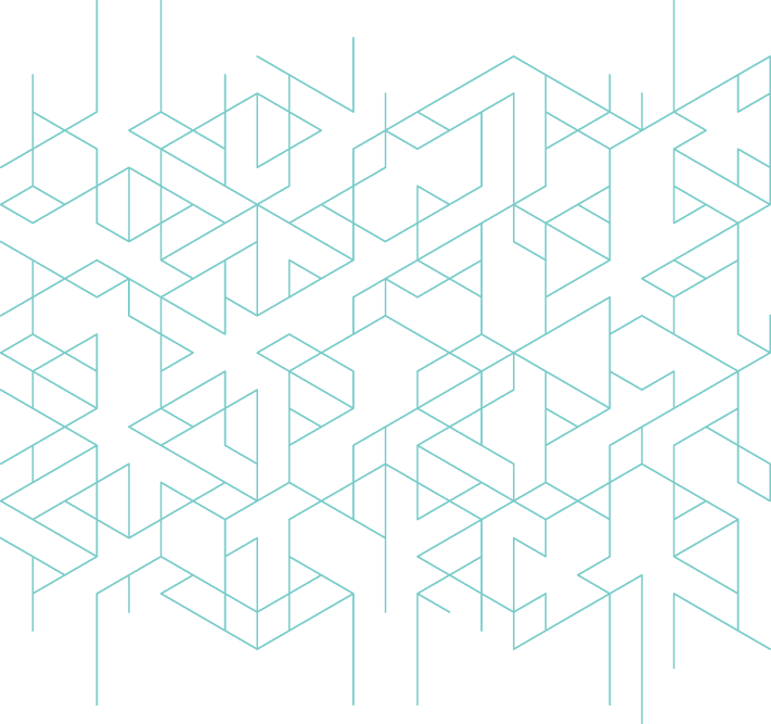Abstract geometric pattern featuring a network of teal intersecting lines, triangles, and parallelograms on a white background.