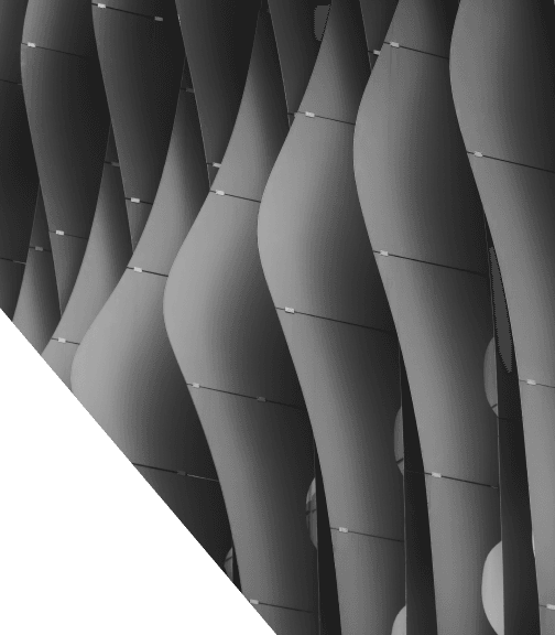Abstract close-up of modern architectural paneling featuring smooth, undulating grey waves with subtle horizontal seams.