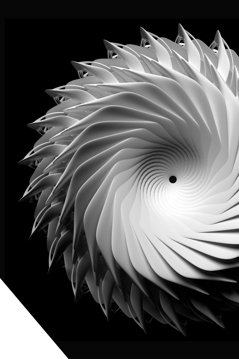 A high-contrast, monochrome 3D render of a complex spiral structure with sharp, petal-like ridges swirling toward a central point on a solid black background.
